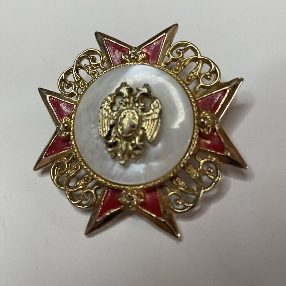 Coro Brooch Pin Mother of Pearl Double Eagle Crest Signed Vintage Army